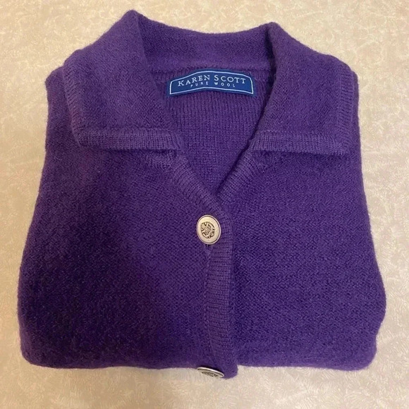 Karen Scott Pure Wool Purple sweater cardigan shoulder pads buttons Size‎ L - Picture 3 of 13